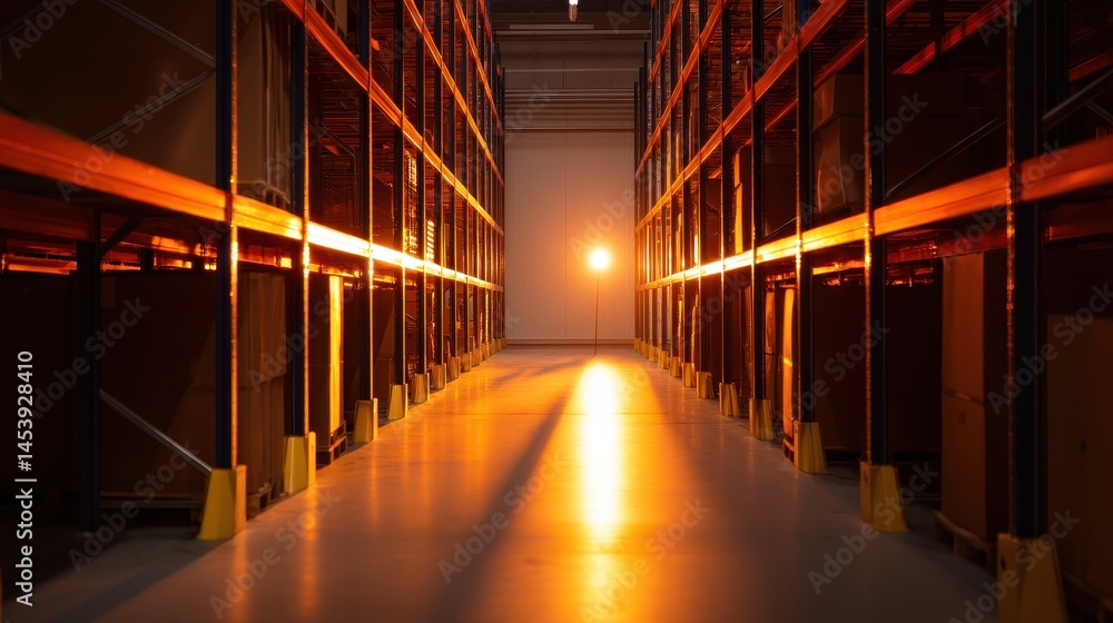 Fototapeta premium Dimly lit warehouse aisle with shelves stacked with boxes and a warm light illuminating the end