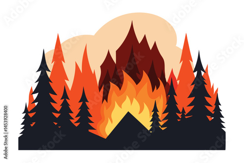 Intense wildfire roars amidst a forest, consuming trees with flames and orange smoke