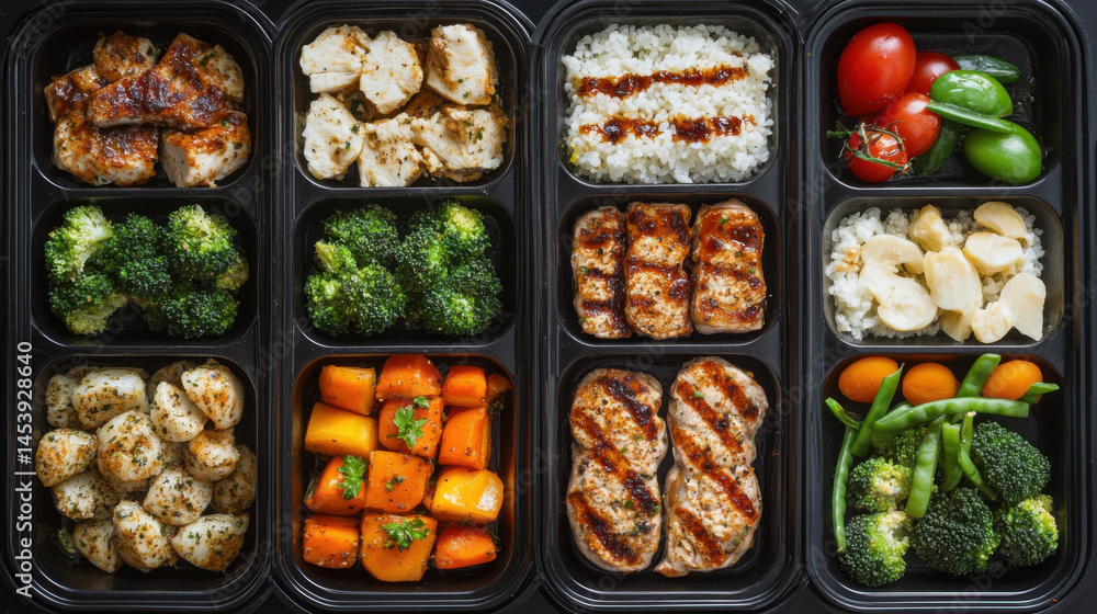 A flat lay of healthy meal prep containers with balanced portions of vegetables and proteins.