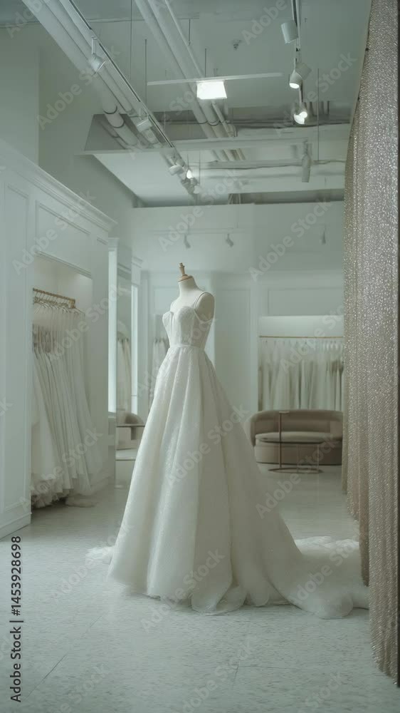 Elegant white bridal gown with subtle shimmer displayed on a mannequin in a bright boutique with other dresses, natural light and clean, minimalist aesthetic Elegant white bridal gown with subtle shimmer displayed on a mannequin in a bright boutique with other dresses, natural light and clean, minimalist aesthetic