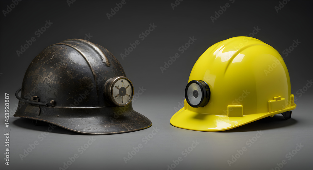 Fototapeta premium Vintage Miner's Lamp Helmet vs. Modern Safety Helmet