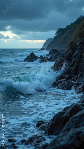 Dramatic coastal waves crashing on rocky cliffside at dusk