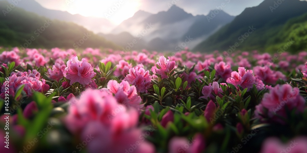 Fototapeta premium Lush pink flowers blanket field, mountains and misty sunlight backdrop. Serene view