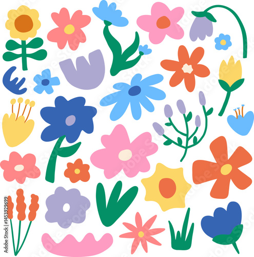 Whimsical Doodle Flower and Leaf Collection – Bright and playful hand-drawn flowers and leaves, perfect for cheerful illustrations and creative designs.