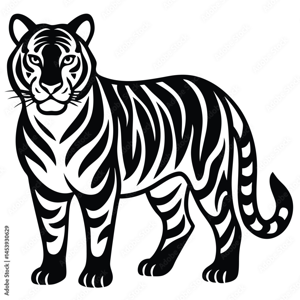 Obraz premium tiger head silhouette vector illustration, Wild animal tiger silhouette EPS vector isolated illustration template on a white background, Black and white silhouette of a tiger walking with its tail.