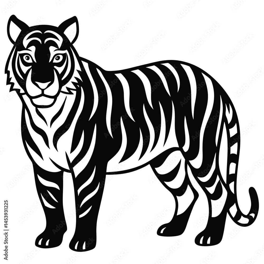 Obraz premium tiger head silhouette vector illustration, Wild animal tiger silhouette EPS vector isolated illustration template on a white background, Black and white silhouette of a tiger walking with its tail.