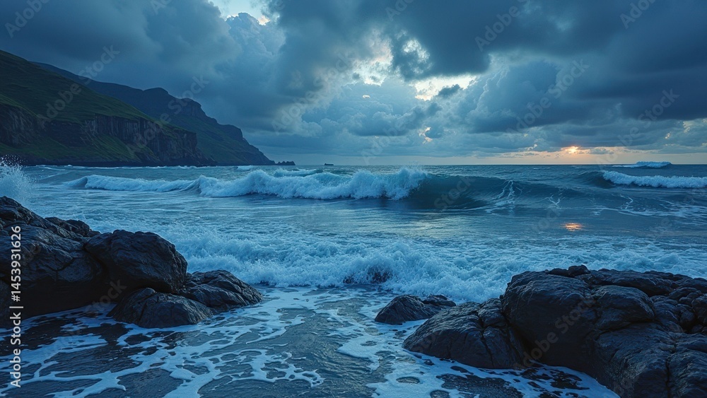 Fototapeta premium Dramatic ocean waves crashing on rocky shore at sunset under stormy sky