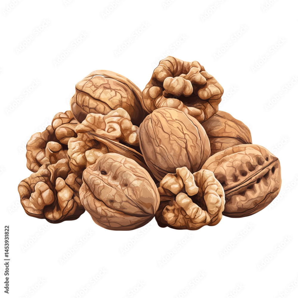 A pile of walnuts arranged together on a transparent background A pile of walnuts arranged together on a transparent background
