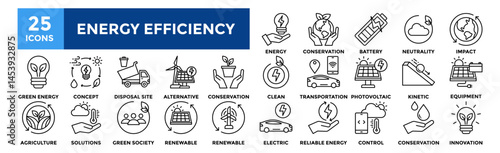 Energy Efficiency icon collection set. Containing design Energy Efficiency, Environmental Conservation , Battery Charger, Carbon Neutrality, Environmental Impact 