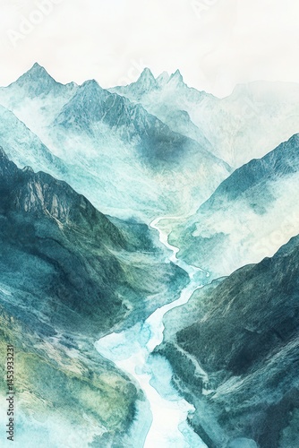 Serene Mountain Landscape with a Winding River and Misty Peaks in the Background