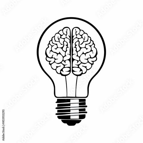 Brain inside lightbulb icon in black outline and back and white color , creativity and intellectual vector icon