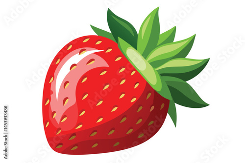 One glossy red strawberry with green leaves and yellow seeds is prominently displayed