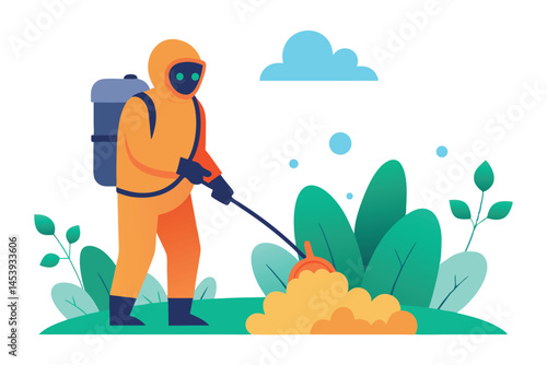 Person in hazmat suit spraying with backpack among stylized plants and clouds on transparent background