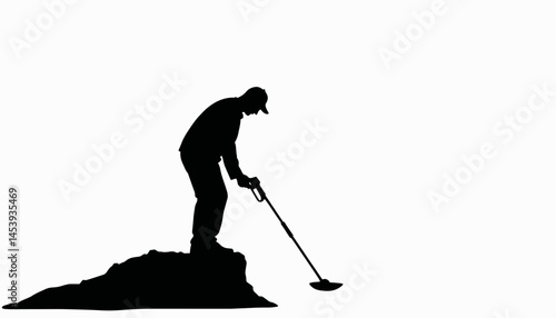 Man digging with metal detector silhouette, treasure hunting