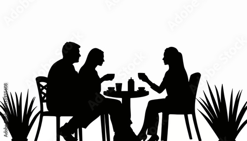 Family silhouettes enjoying coffee at outdoor café, moment of togetherness