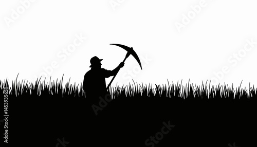 Silhouette of a farmer harvesting wheat in a field, agricultural labor