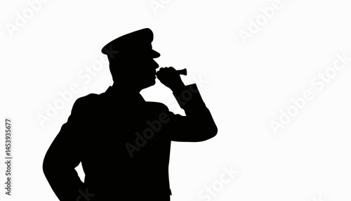 Train conductor silhouette blowing whistle in black and white, symbolism