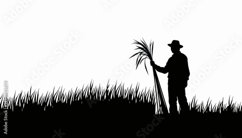 Silhouette of a farmer holding wheat stalks under the sun, harvest symbol