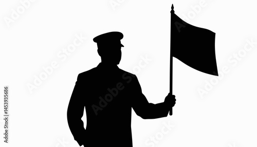 Train conductor silhouette holding flag against white background, symbolism