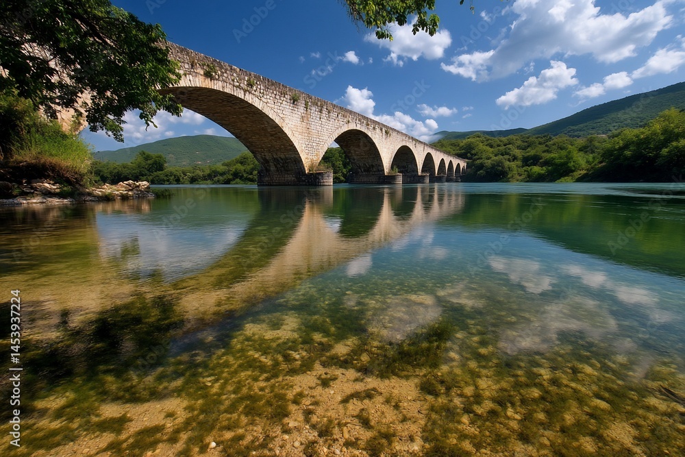 Fototapeta premium Historic stone bridge arches over calm river waters, reflected in clear stream