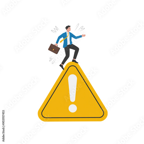 Creative illustration showing a businessman stumbling and losing balance while standing on top of a large yellow warning sign with an exclamation mark.