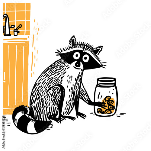 Adorable Hand-Drawn Doodle of a Raccoon with Cookie Jar Illustration