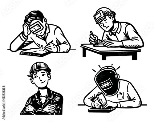 Hand-Drawn Illustration of Male Characters in Various Work Contexts