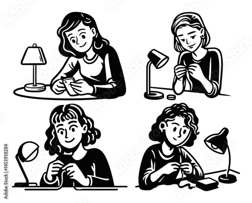 Hand-Drawn Illustrations of Young Women Engaged in Crafts and Hobbies