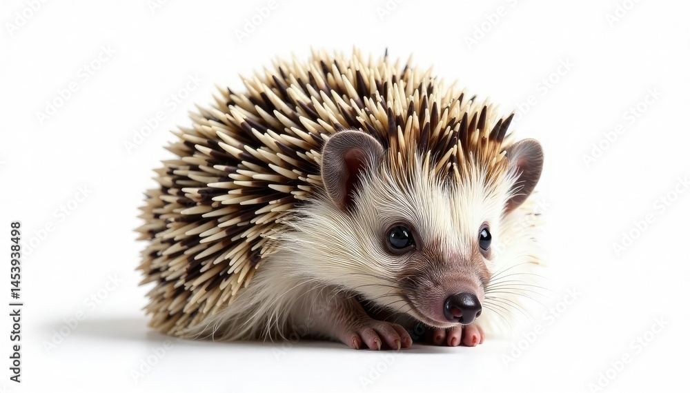Obraz premium A tiny hedgehog, curled into a ball, isolated on pure white background , sharp, ball, thorn