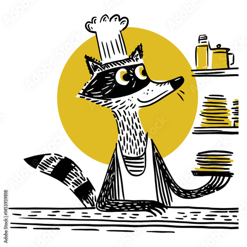 Charming Hand-Drawn Doodle of a Raccoon Chef with Plates