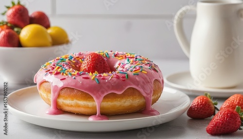 Wallpaper Mural Sweet Strawberry Donut Delight: A Pink Glazed Donut Topped with Sprinkles and Fresh Strawberries Torontodigital.ca