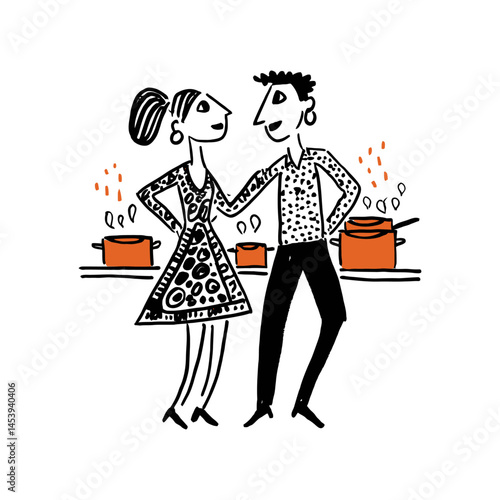 Wallpaper Mural Charming Hand-Drawn Doodle of Couple Cooking Together in Kitchen Torontodigital.ca