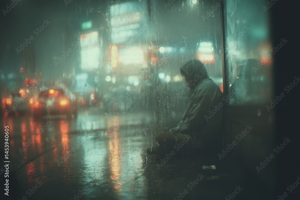 Naklejka premium Solitary figure sits hooded at bus stop, blurred cityscape reflecting in wet pavement on a rainy night with bokeh.