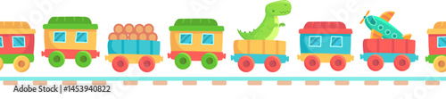 Cartoon toy train with colorful carriages carrying logs, a friendly dinosaur and a toy airplane is running on a railroad, creating a playful and joyful atmosphere
