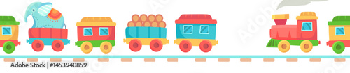 Cartoon toy train with elephant, wood logs and passenger wagons is moving on a railroad on white background, creating a playful and joyful atmosphere for kids