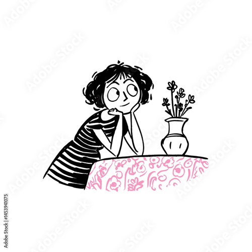 Hand-Drawn Doodle of a Pensive Girl with a Flower Vase Charm