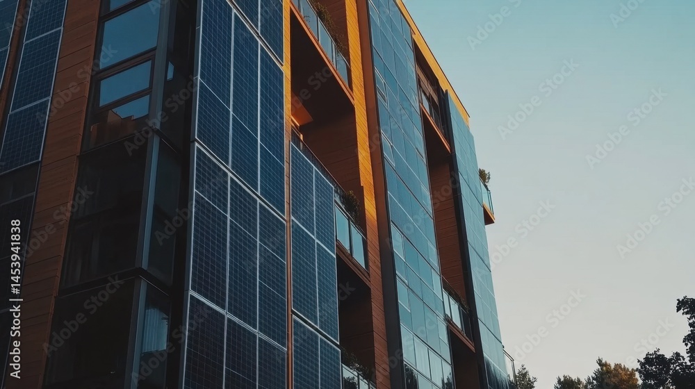 Obraz premium Wall-mounted vertical solar panels on the side of a tall office building