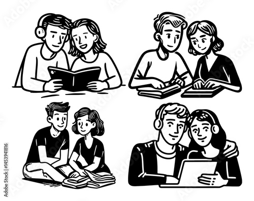 Hand-Drawn Illustration of Couples Enjoying Time Together at Home