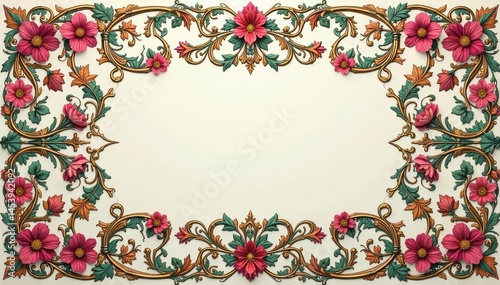 Intricate floral damask design, swirling elegant lines, ornate details, floral, textile