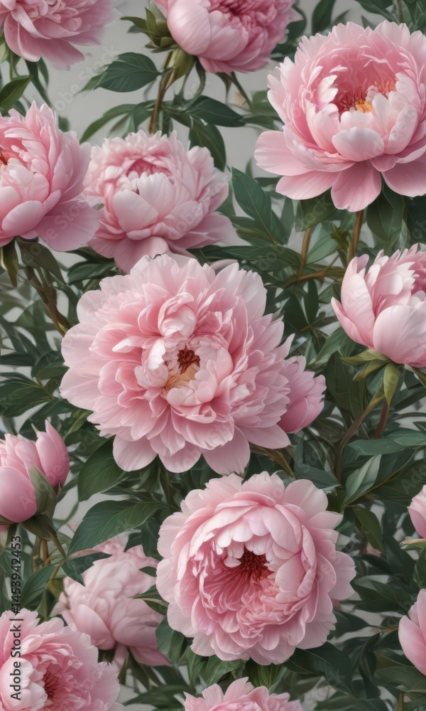 Obraz premium Full bloom peonies, lush petals, hand drawn style, vintage, texture, leaves