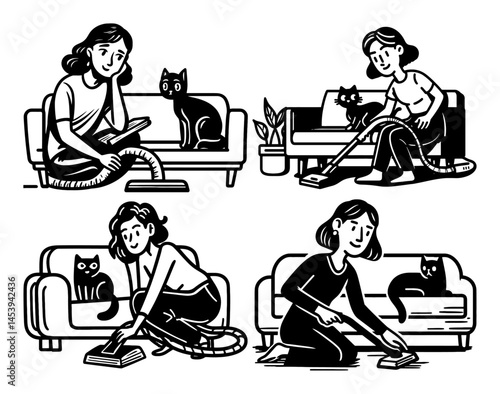 Hand-drawn Illustration of a Woman Cleaning with a Cat Beside Her