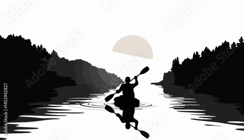 Silhouette of a kayaker paddling on a river at sunrise, tranquility