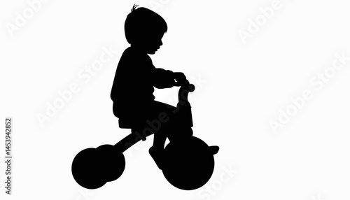 Child riding tricycle silhouette against white background, playful imagination