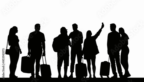 Tourists taking selfies with travel bags in silhouette, travel memories