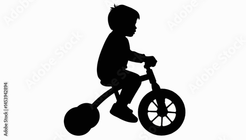 Child riding tricycle silhouette on white background, playful innocence