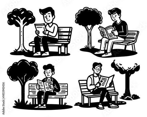 Hand-Drawn Illustration of People Reading on Park Benches