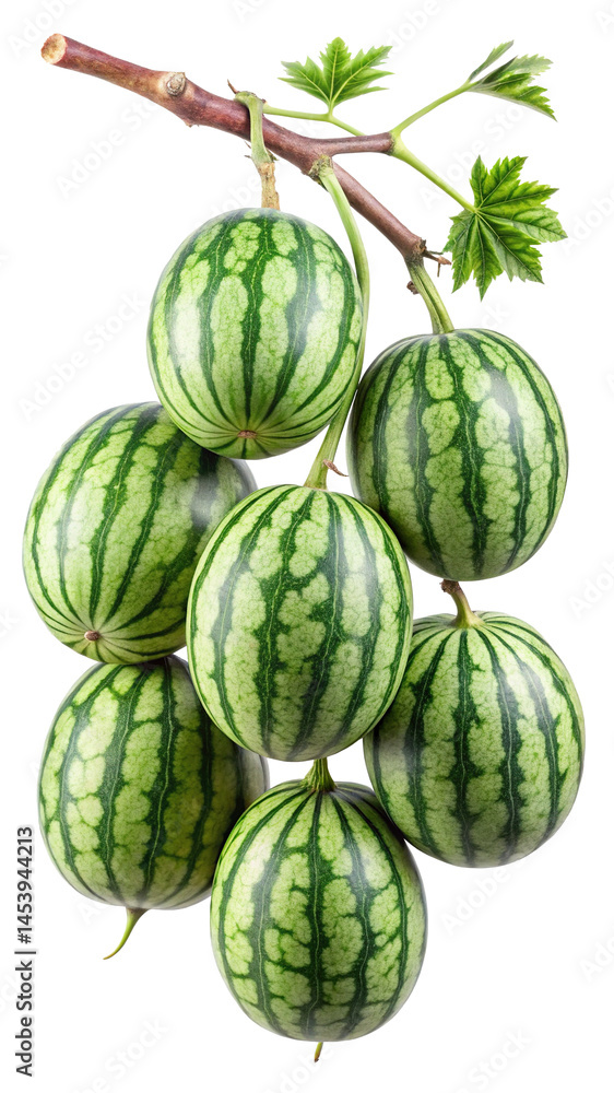 Fototapeta premium Cluster of small ripe watermelons hanging from a tree branch with leaves