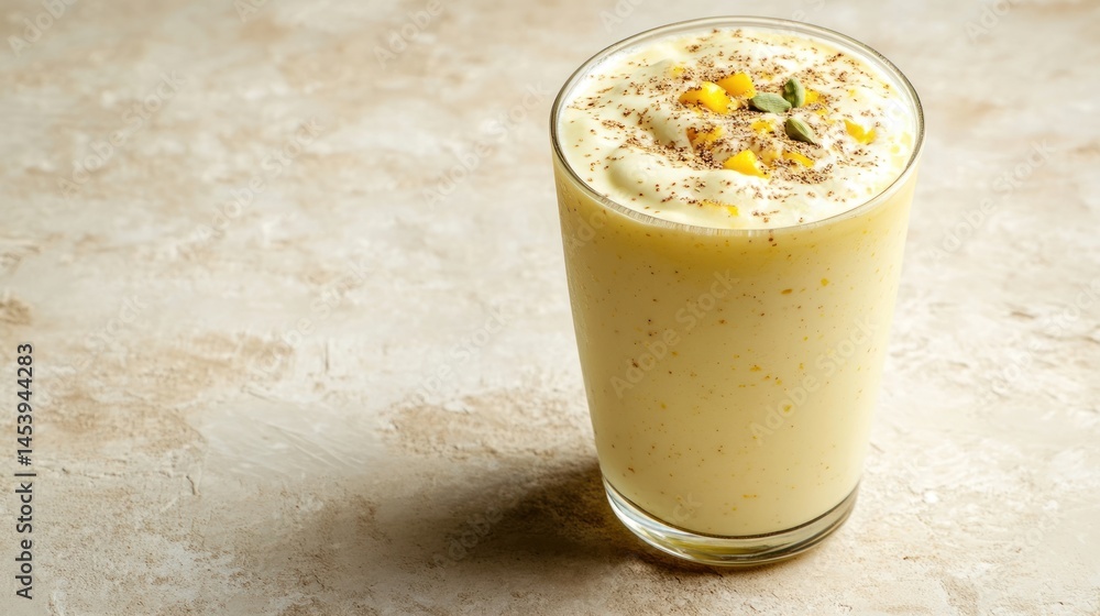 Creamy Mango Smoothie with Toppings in a Glass on Textured Background Creamy Mango Smoothie with Toppings in a Glass on Textured Background