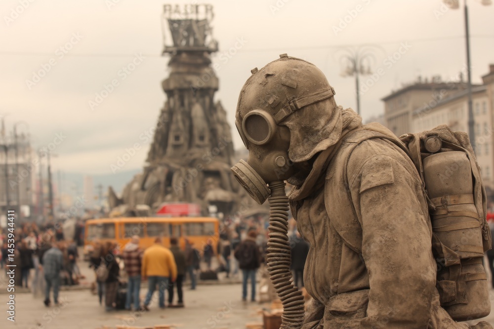 Naklejka premium Person Wearing Gas Mask and Protective Gear in Urban Environment, Crowd in Background, Air Pollution Concern