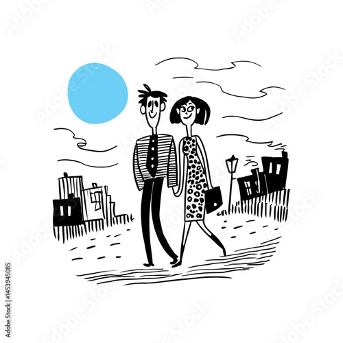 Hand-Drawn Doodle of Couple Walking Under a Blue Sun Illustration